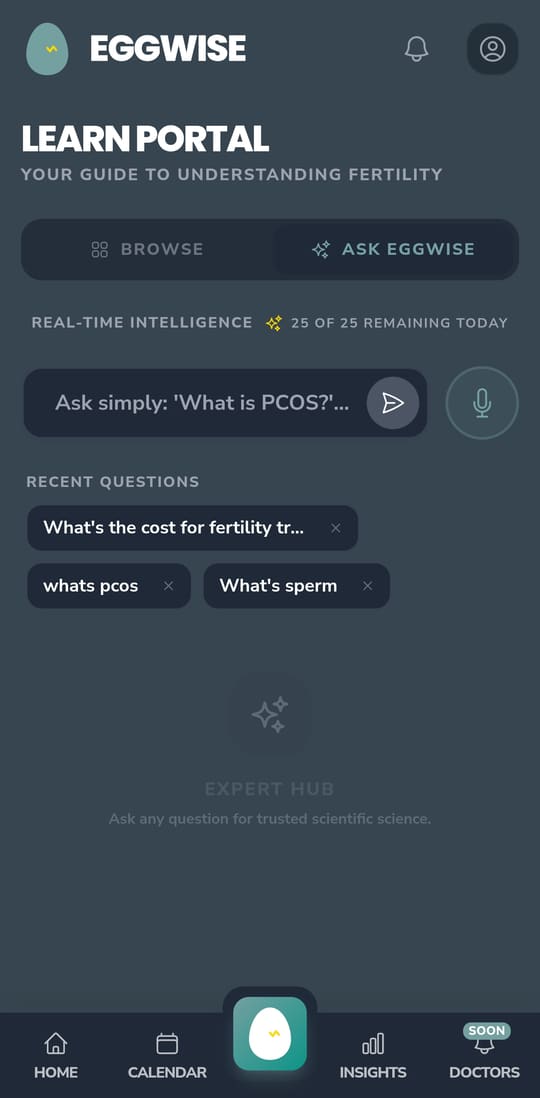 EggWise Learn Portal Ask EggWise AI tab showing real-time intelligence search box and recent fertility questions about cost, PCOS, and sperm health