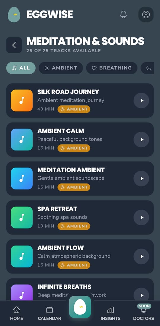 EggWise Guided Meditation library with phase-specific meditation sessions for fertility wellness