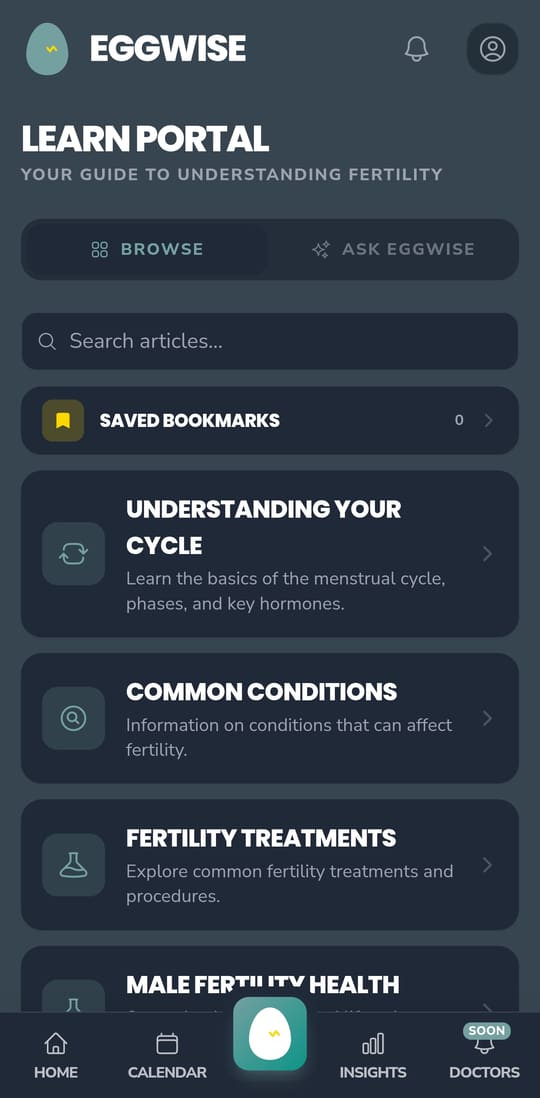 EggWise Learn Hub showing expert articles and fertility education library