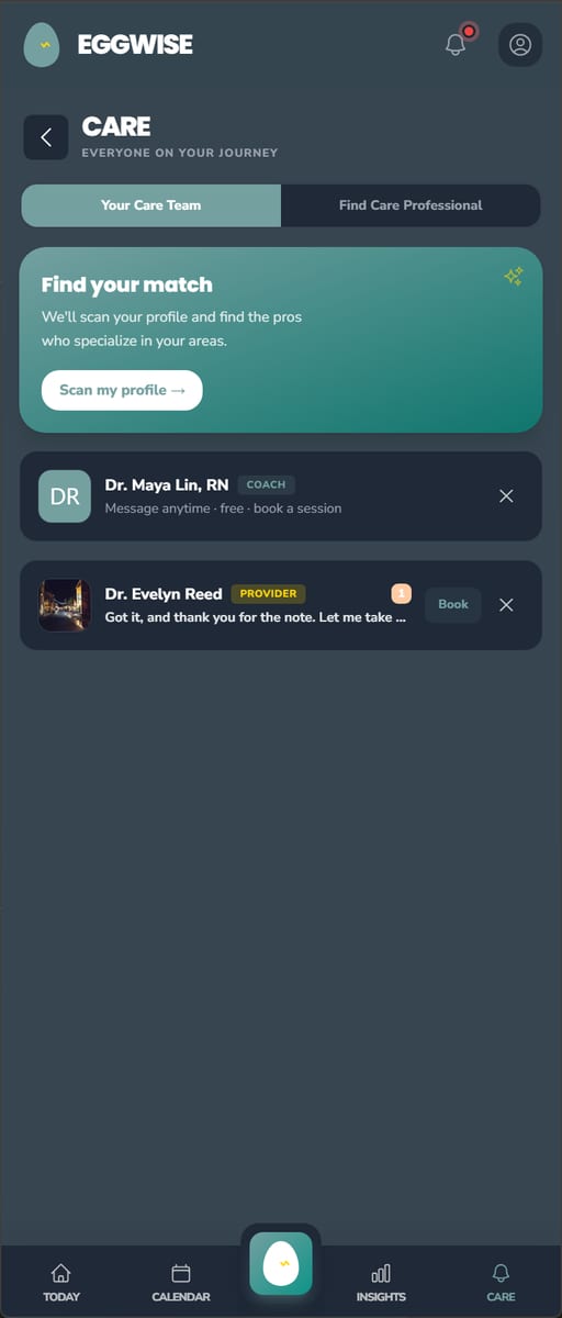EggWise Care tab showing Your Care Team with a find-your-match scanner and connected coach and provider