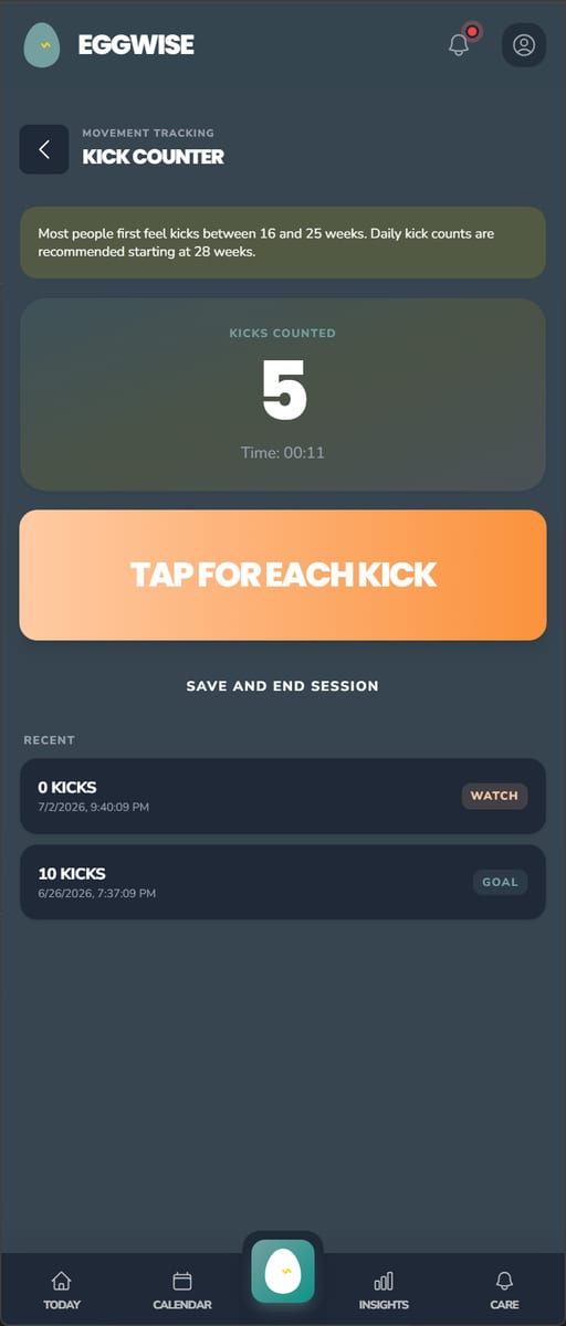 EggWise Pregnancy Mode kick counter showing five kicks counted with a large tap-for-each-kick button and recent sessions
