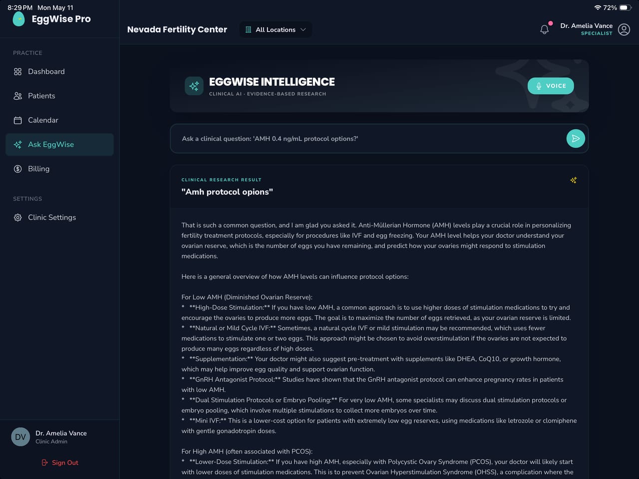 EggWise Pro Ask EggWise AI clinical assistant for fertility specialists