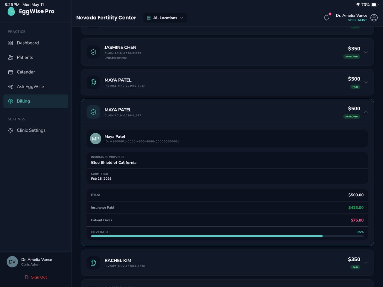 EggWise Pro integrated billing module with CPT/ICD-10 codes and Stripe Connect payouts