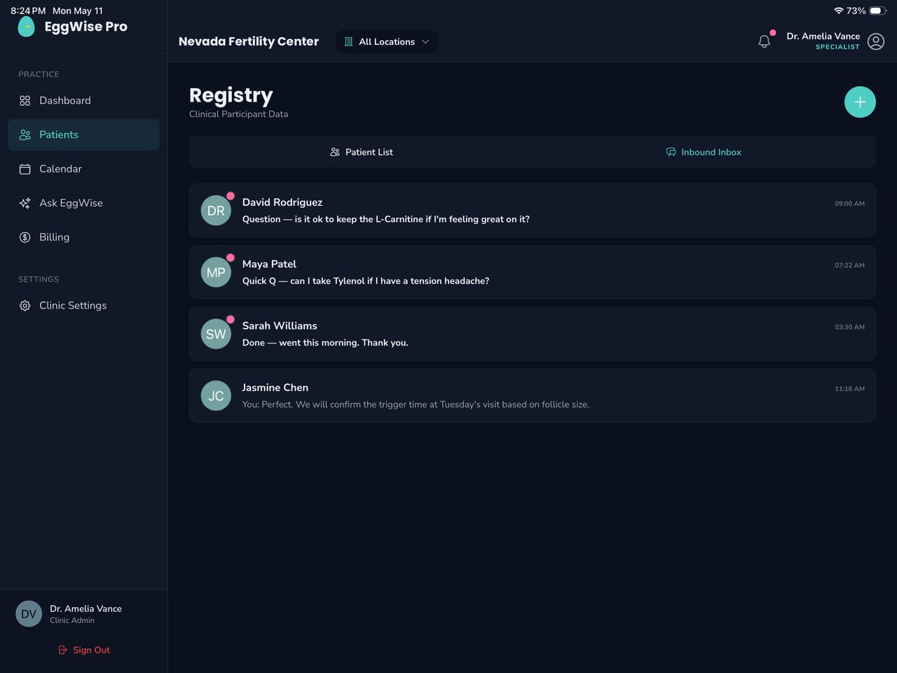 EggWise Pro Patient Registry showing inbound patient messages and clinical participant data