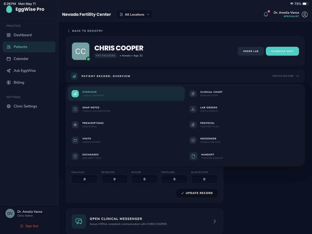 EggWise Pro patient action menu with quick actions for clinical workflow