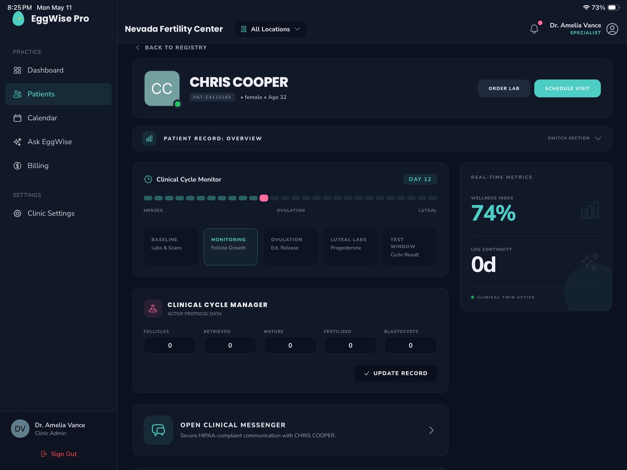 EggWise Pro patient detail view with clinical history, labs, and treatment timeline